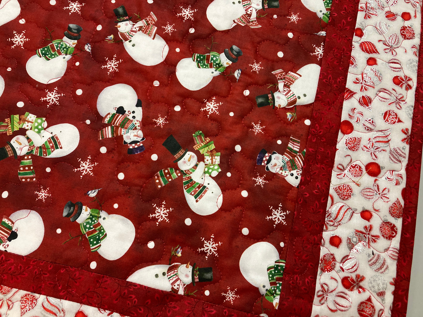 Jolly Snowman Ornaments Quilted Christmas Table Square, 19x19" Dining Coffee Table, Reversible Winter, Red Silver Holiday Winter Handmade