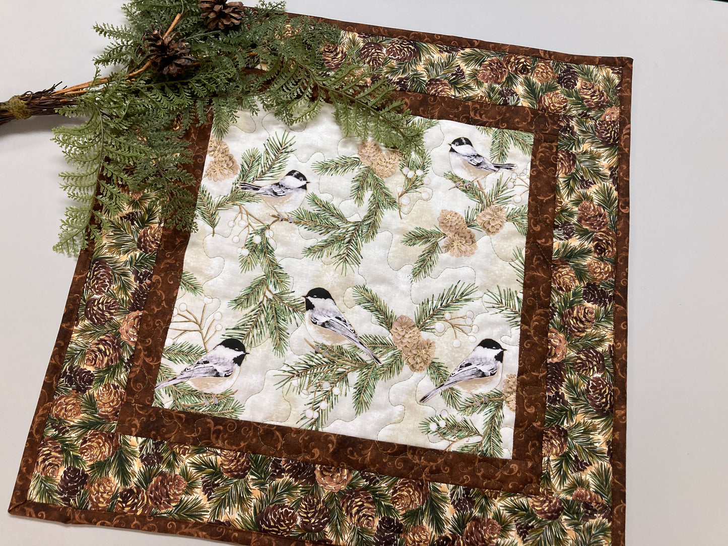 Pine Cones and Chickadee Bird Quilted Table Topper Large Square Table Mat 19x19" Reversible Coffee End Table Nightstand Christmas Everyday