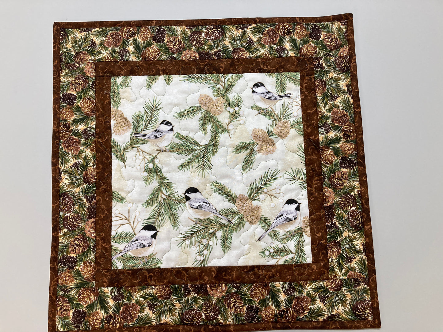Pine Cones and Chickadee Bird Quilted Table Topper Large Square Table Mat 19x19" Reversible Coffee End Table Nightstand Christmas Everyday