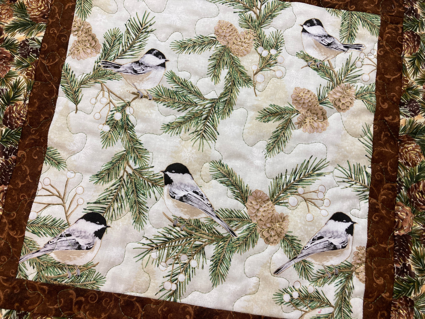 Pine Cones and Chickadee Bird Quilted Table Topper Large Square Table Mat 19x19" Reversible Coffee End Table Nightstand Christmas Everyday