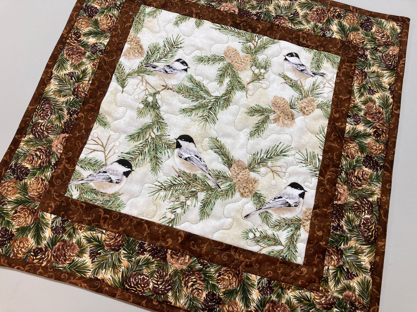 Pine Cones and Chickadee Bird Quilted Table Topper Large Square Table Mat 19x19" Reversible Coffee End Table Nightstand Christmas Everyday