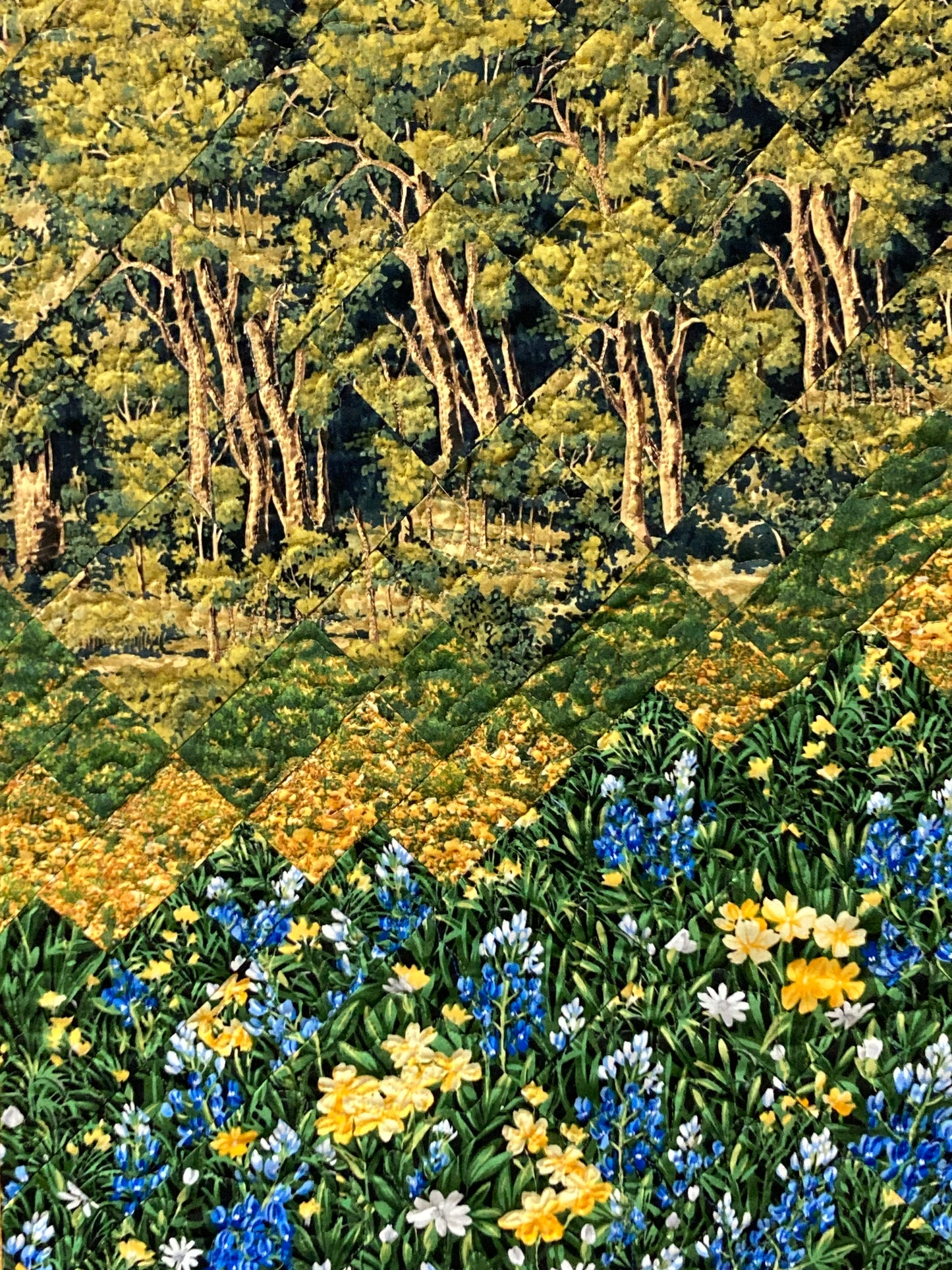 Art Quilt, Blue and Yellow Flower, Forest Fabric Wall Hanging Quilted Wall Art Tree Landscape Quilt Impressionistic 23x42" Handmade Original Artwork Tapestry