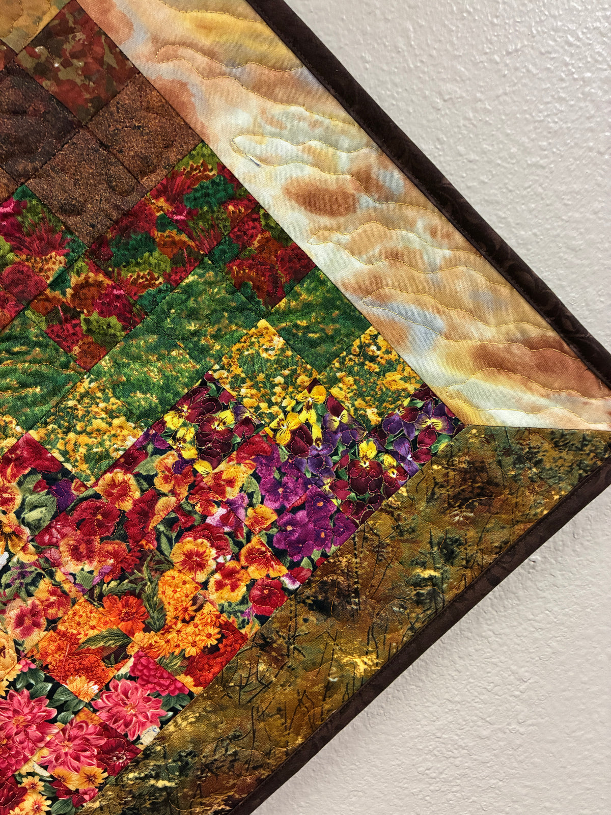 Art Quilt, Fall Sunset Mountain Fabric Wall Hanging Landscape Tapestry 31x31" Diagonal Handmade