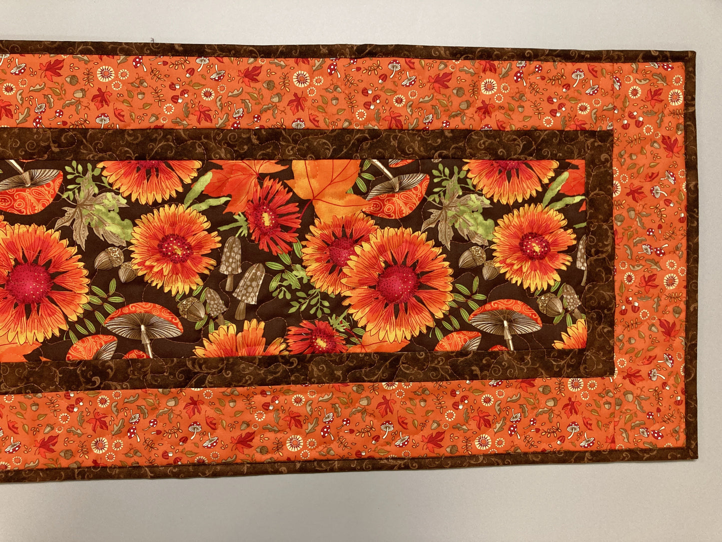Fall Sunflowers Mushrooms and Acorns Quilted Table Runner, 14x48" Reversible Leaves, Woodland Forest Orange Red Green Dining Coffee Table