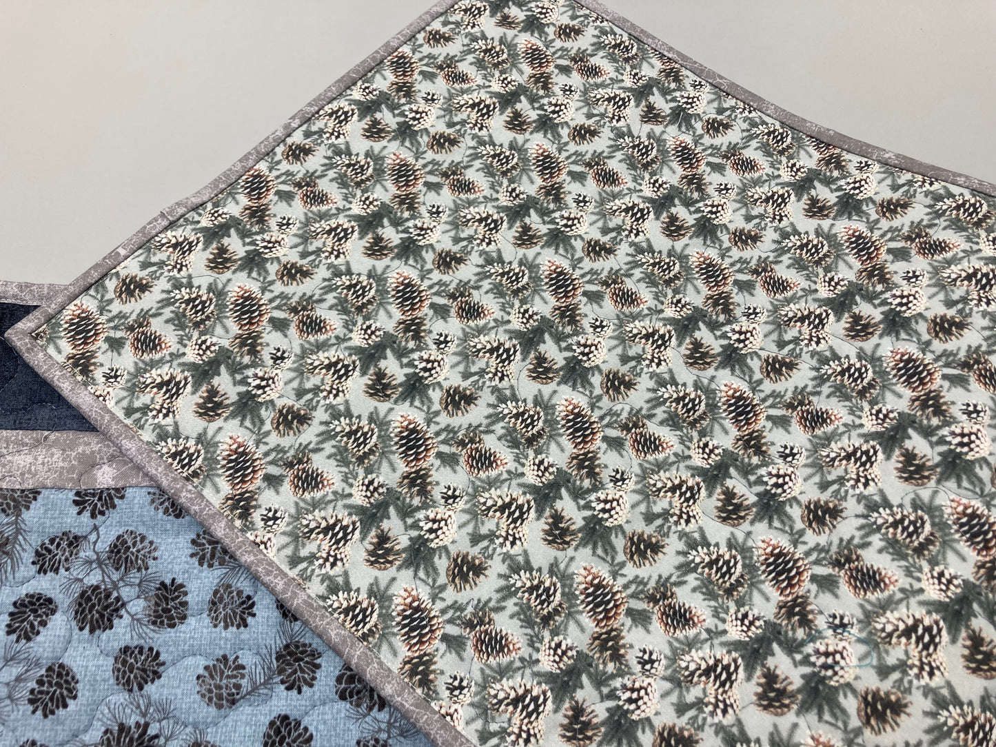 Mountain Pine Cones Quilted Dining Table Runner, 13x70 Reversible, Coffee End Table Cabin Everyday Nature Modern Blue Gray Black Handmade