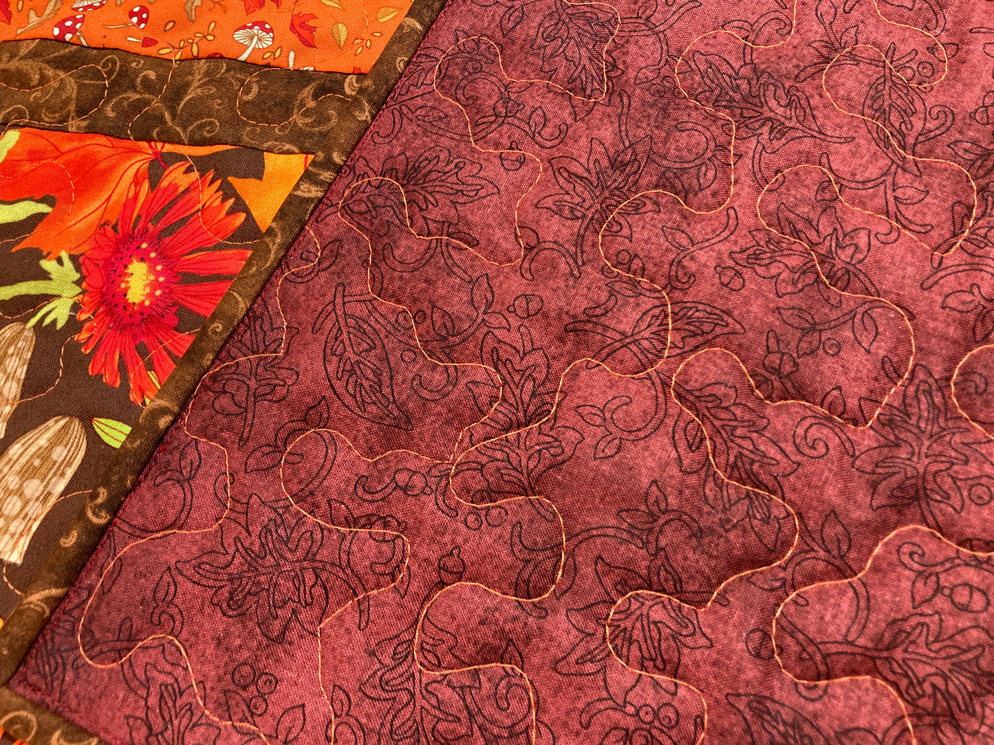 Fall Sunflowers Mushrooms and Acorns Quilted Table Runner, 14x48" Reversible Leaves, Woodland Forest Orange Red Green Dining Coffee Table