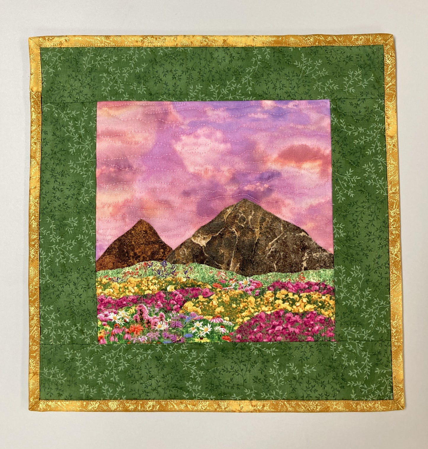 Sunset Wildflower Meadow Mountain Landscape Art Quilt, Textile Art 14x14", Tapestry Fabric Small Wall Art Hanging, Purple Yellow Flowers