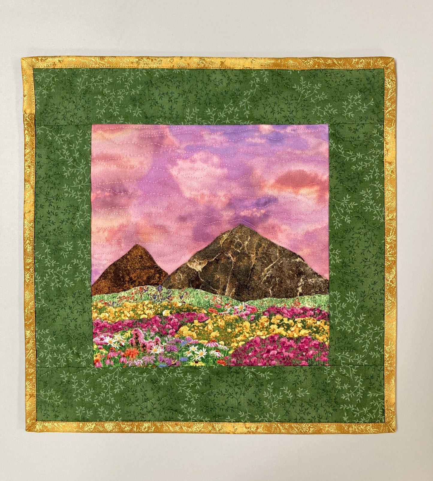 Sunset Wildflower Meadow Mountain Landscape Art Quilt, Textile Art 14x14", Tapestry Fabric Small Wall Art Hanging, Purple Yellow Flowers