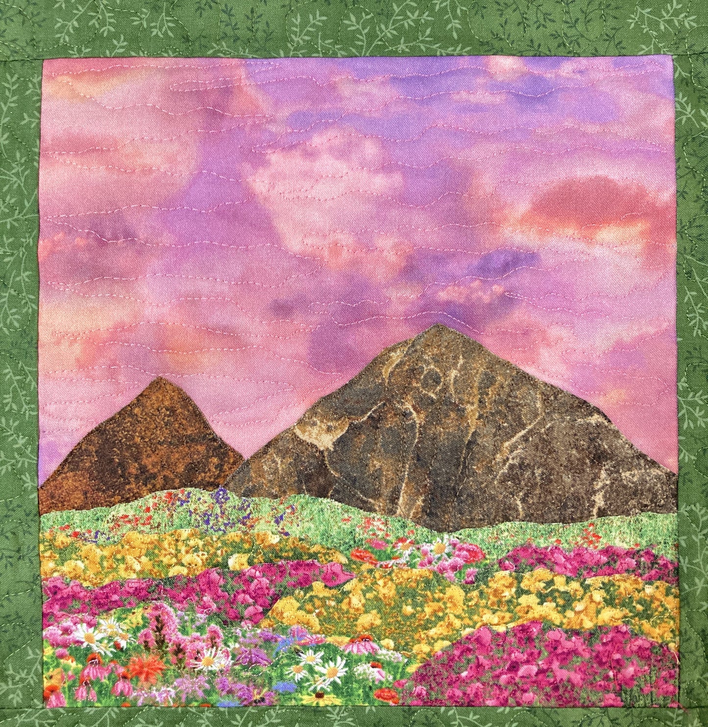 Sunset Wildflower Meadow Mountain Landscape Art Quilt, Textile Art 14x14", Tapestry Fabric Small Wall Art Hanging, Purple Yellow Flowers
