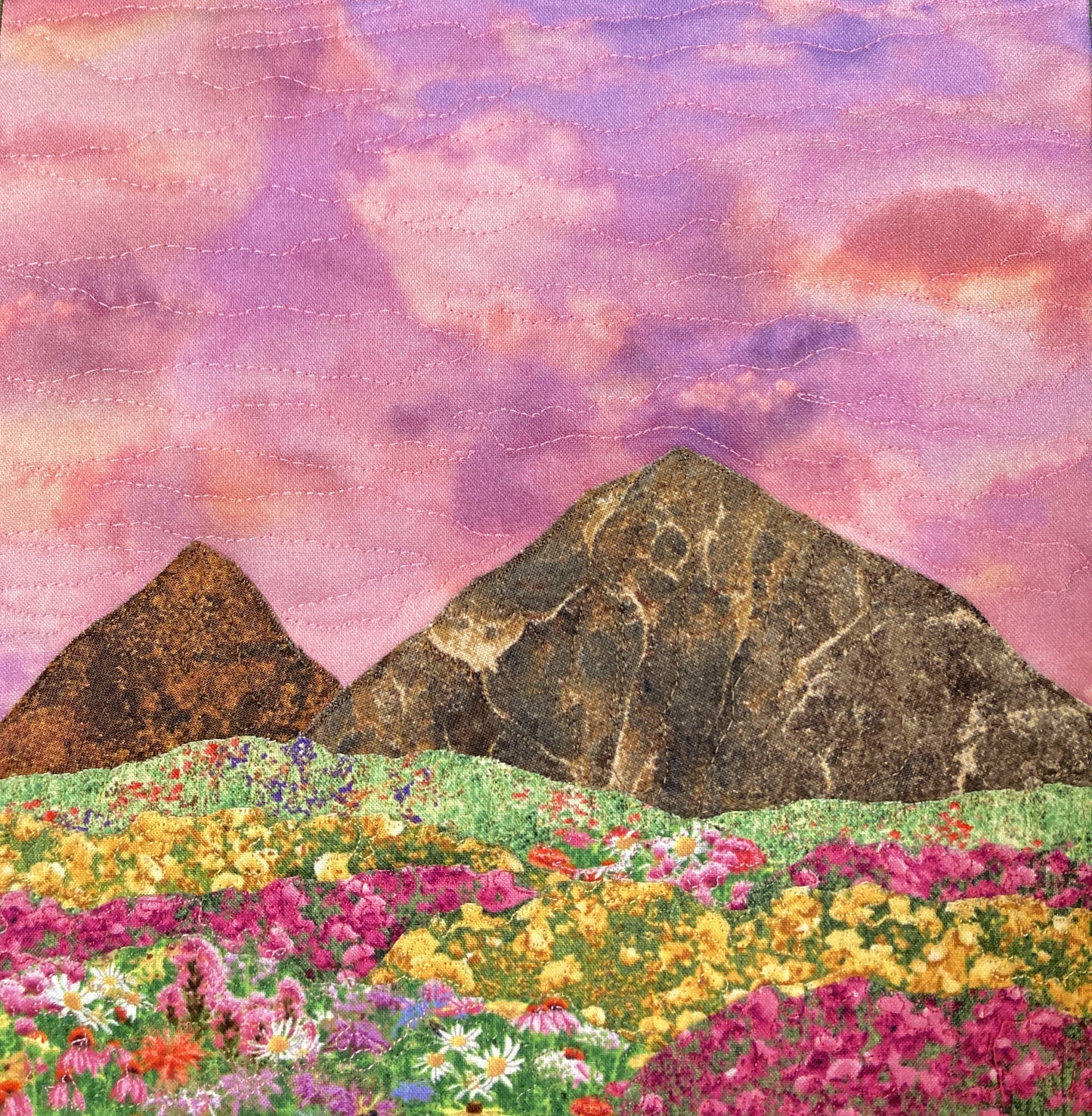 Sunset Wildflower Meadow Mountain Landscape Art Quilt, Textile Art 14x14", Tapestry Fabric Small Wall Art Hanging, Purple Yellow Flowers