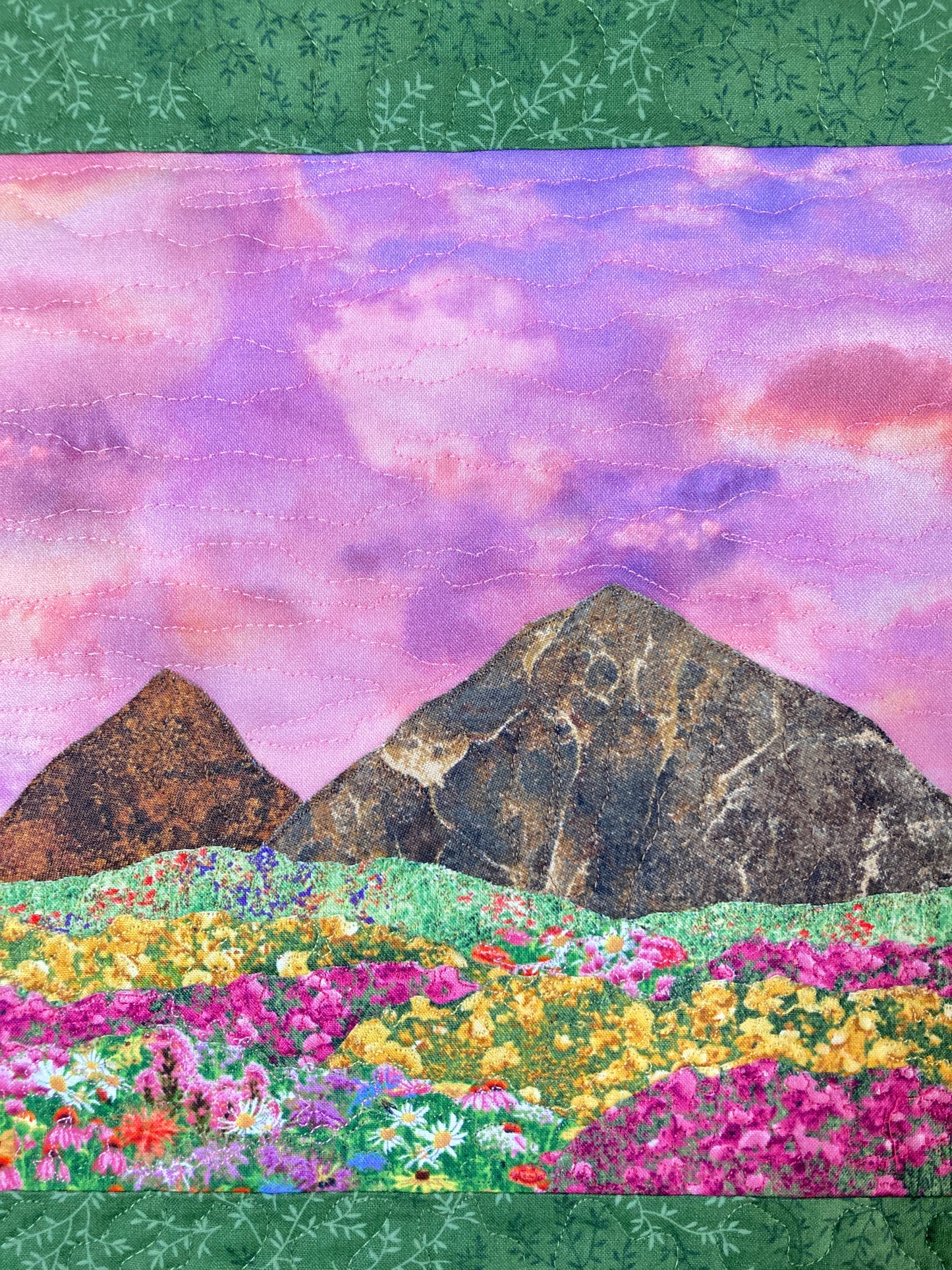 Sunset Wildflower Meadow Mountain Landscape Art Quilt, Textile Art 14x14", Tapestry Fabric Small Wall Art Hanging, Purple Yellow Flowers