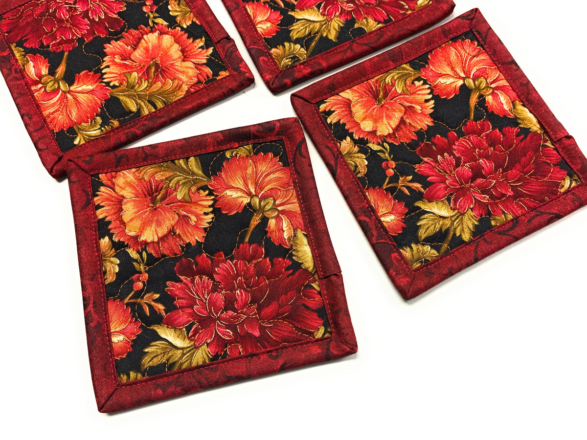 Red Orange Mums Quilted Fabric Coasters 5x5" Handmade Hot Cold Drinks Thanksgiving Decor