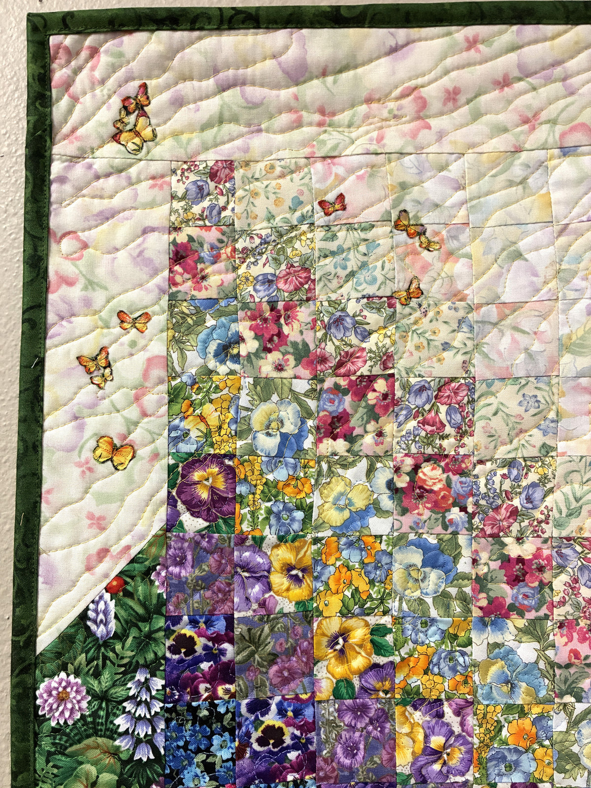 Summer Flowers Sunny Butterfly Garden Fabric Wall Hanging 14x34", Watercolor Tapestry, Vertical Quilted