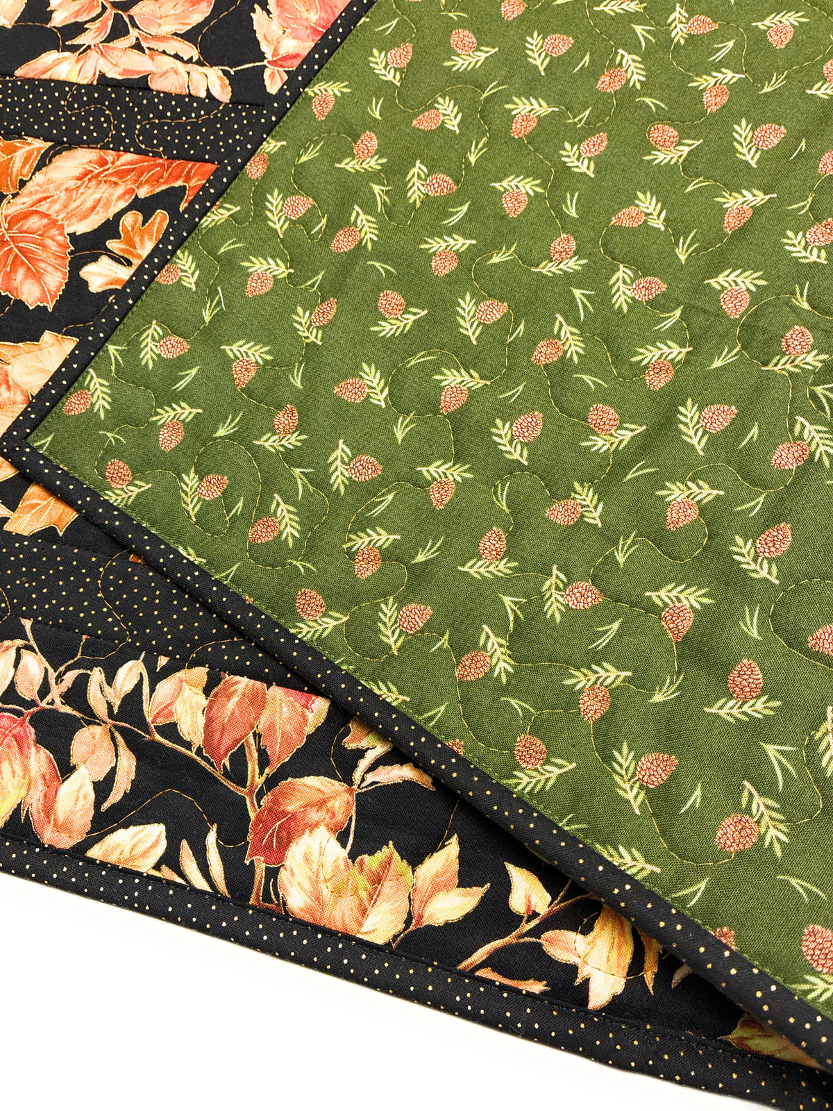 Golden Fall Leaves Quilted Dining Table Runner, 13x48", Autumn Thanksgiving Reversible