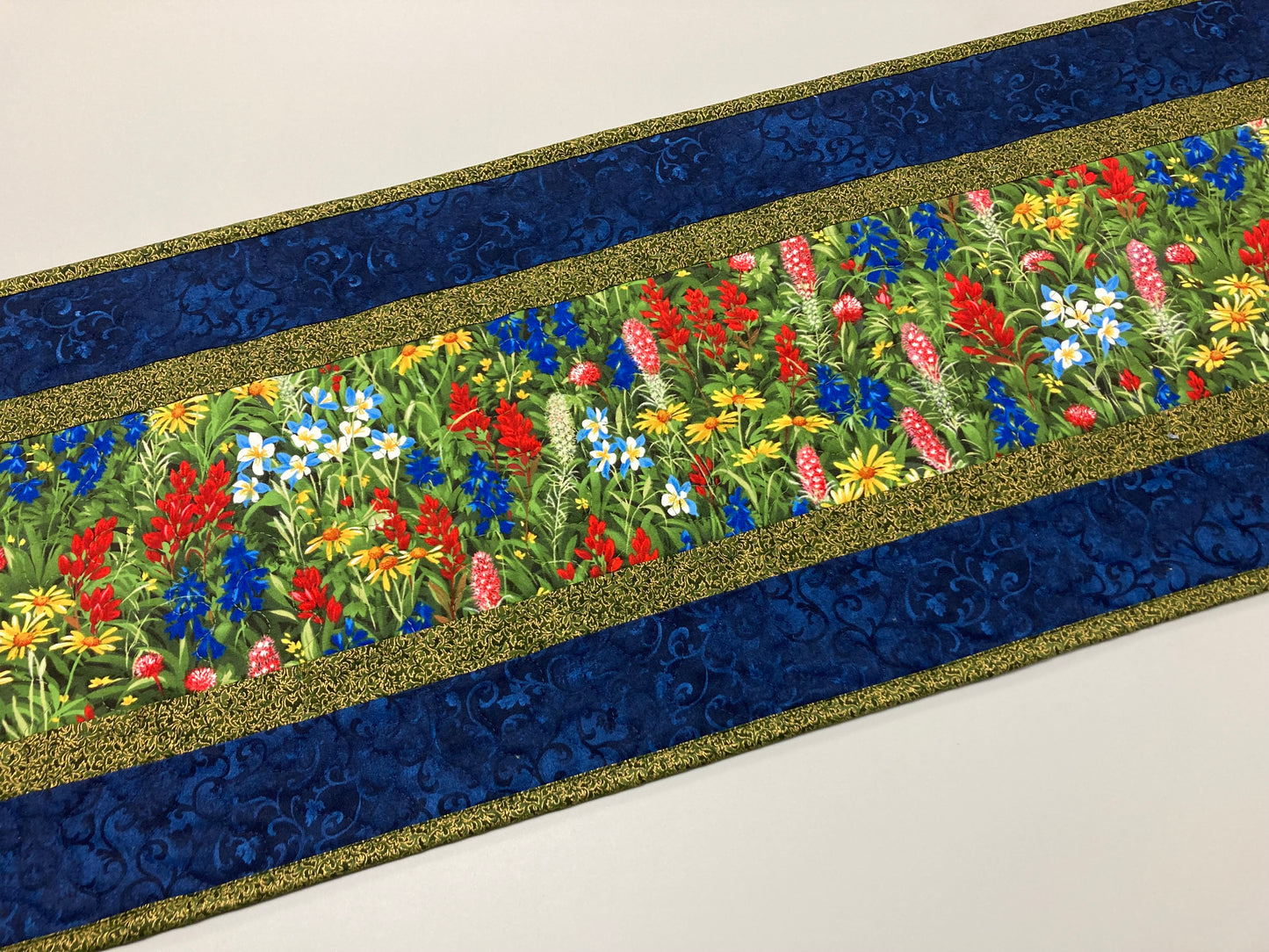 Quilted Table Runner Summer Texas Wildflowers, 13x48" Yellow Red Blue Flowers, Dining Room Coffee Table Runner, Garden Floral Everyday