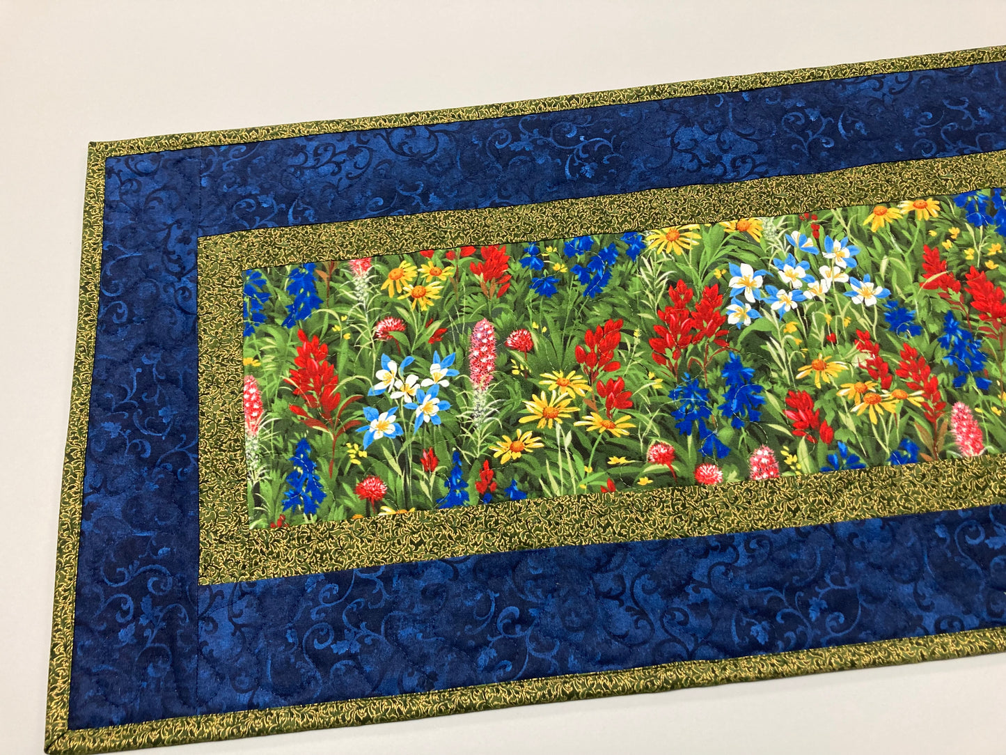 Quilted Table Runner Summer Texas Wildflowers, 13x48" Yellow Red Blue Flowers, Dining Room Coffee Table Runner, Garden Floral Everyday