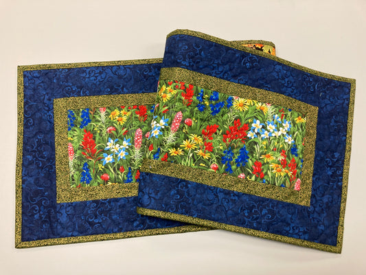 Quilted Table Runner Summer Texas Wildflowers, 13x48" Yellow Red Blue Flowers, Dining Room Coffee Table Runner, Garden Floral Everyday