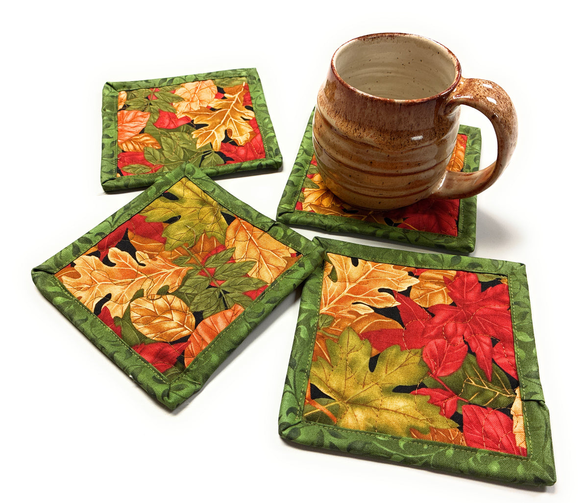 Autumn Fall Leaves Fabric Coasters, Thanksgiving 5x5" Drink Mats Coffee Tea Stocking Stuffer Handmade