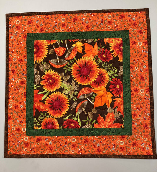 Fall Sunflowers Mushrooms and Acorns Quilted Table Topper, 20x20" Reversible Leaves Woodland Forest Orange Red Green Dining Coffee End Table