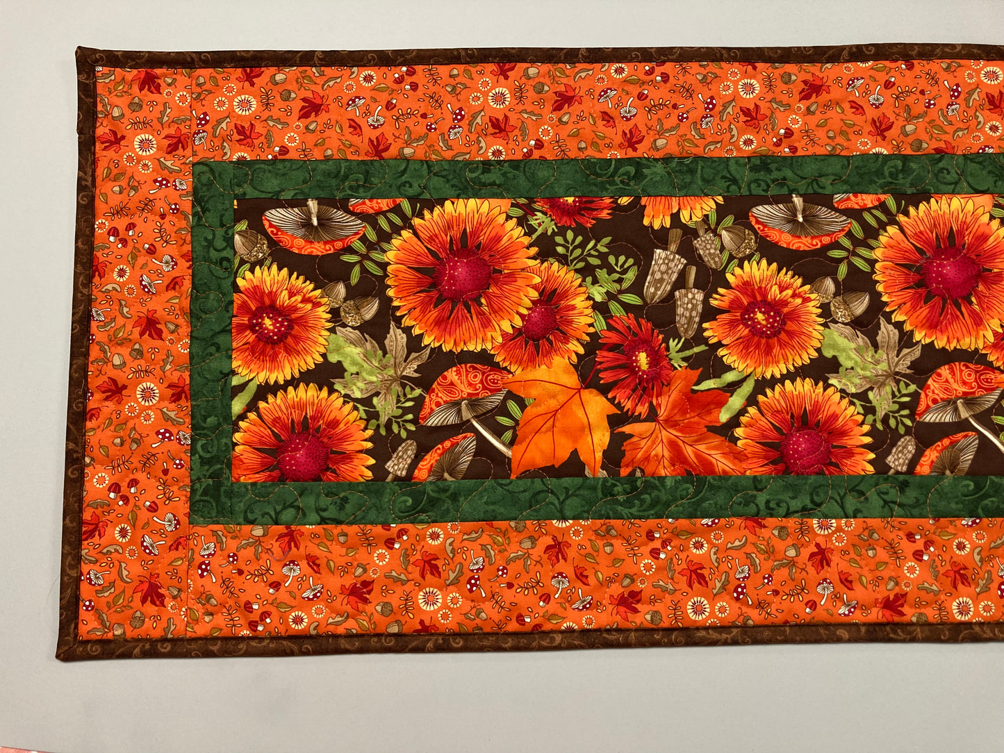 Fall Sunflowers Mushrooms and Acorns Quilted Table Runner, 14x48" Reversible Leaves, Woodland Forest Orange Red Green Dining Coffee Table
