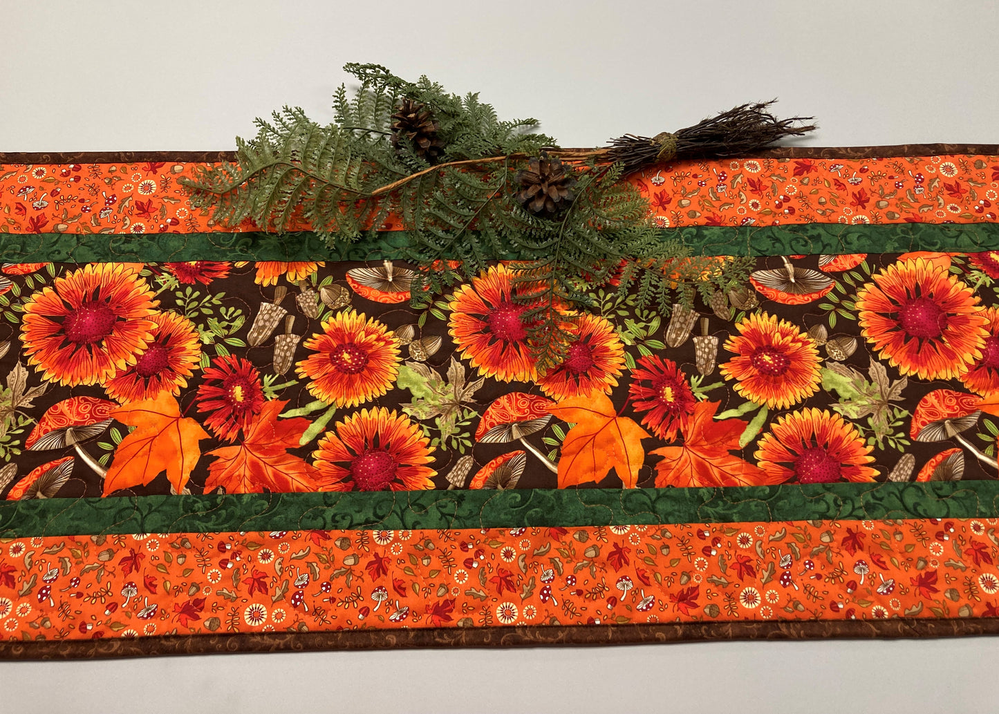 Fall Sunflowers Mushrooms and Acorns Quilted Table Runner, 14x48" Reversible Leaves, Woodland Forest Orange Red Green Dining Coffee Table
