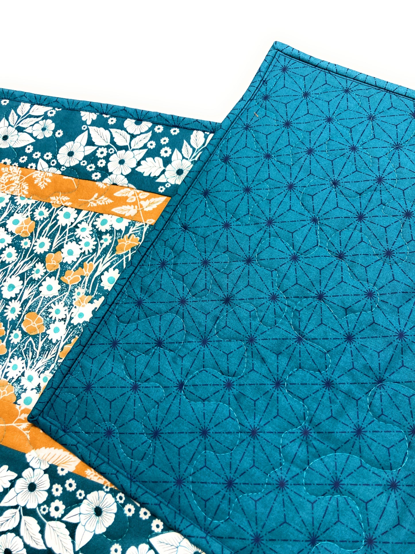 Teal Mustard Flowers Quilted Dining Coffee Table Runner, Reversible 13x48", Modern Retro Coastal Minimalist, Handmade in USA