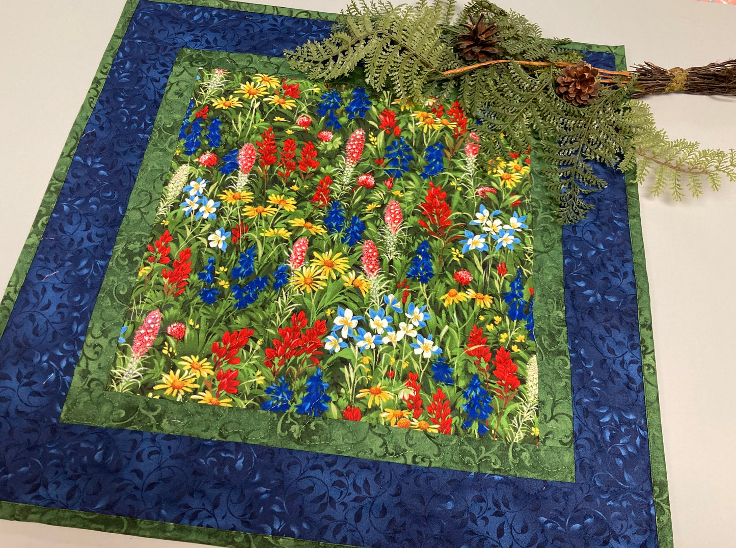 Texas Wildflower Quilted Table Topper, Reversible Table Mat, 20x20" Coffee Table End Table Nightstand, Large Square Summer Spring Decor