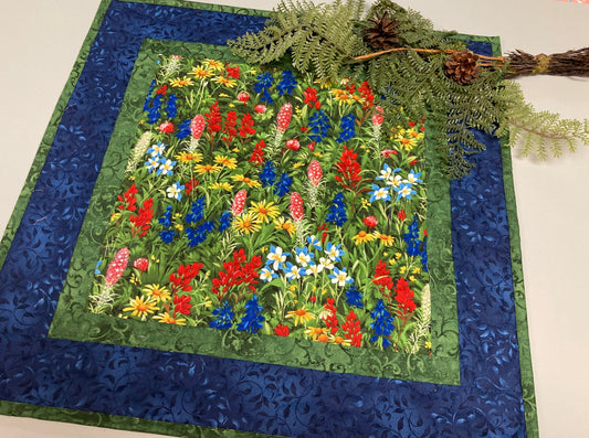 Texas Wildflower Quilted Table Topper, Reversible Table Mat, 20x20" Coffee Table End Table Nightstand, Large Square Summer Spring Decor