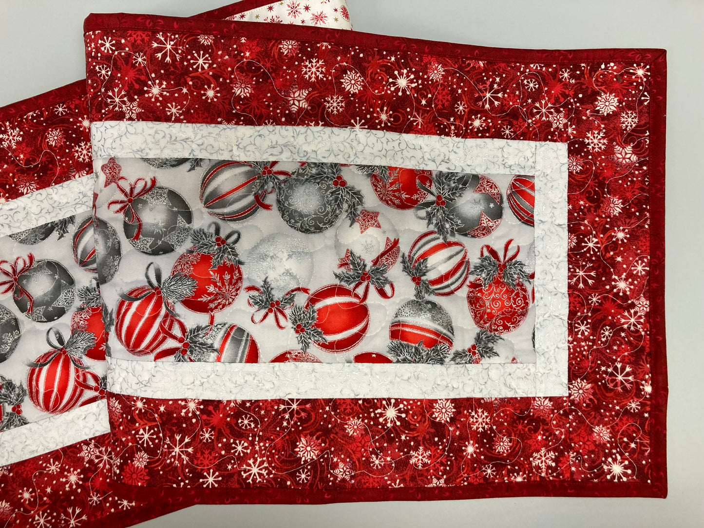 Red Silver Christmas Ornaments Quilted Dining Table Runner, 13x48", Winter Holiday Coffee End Table, Dresser Scarf Reversible Snowflakes