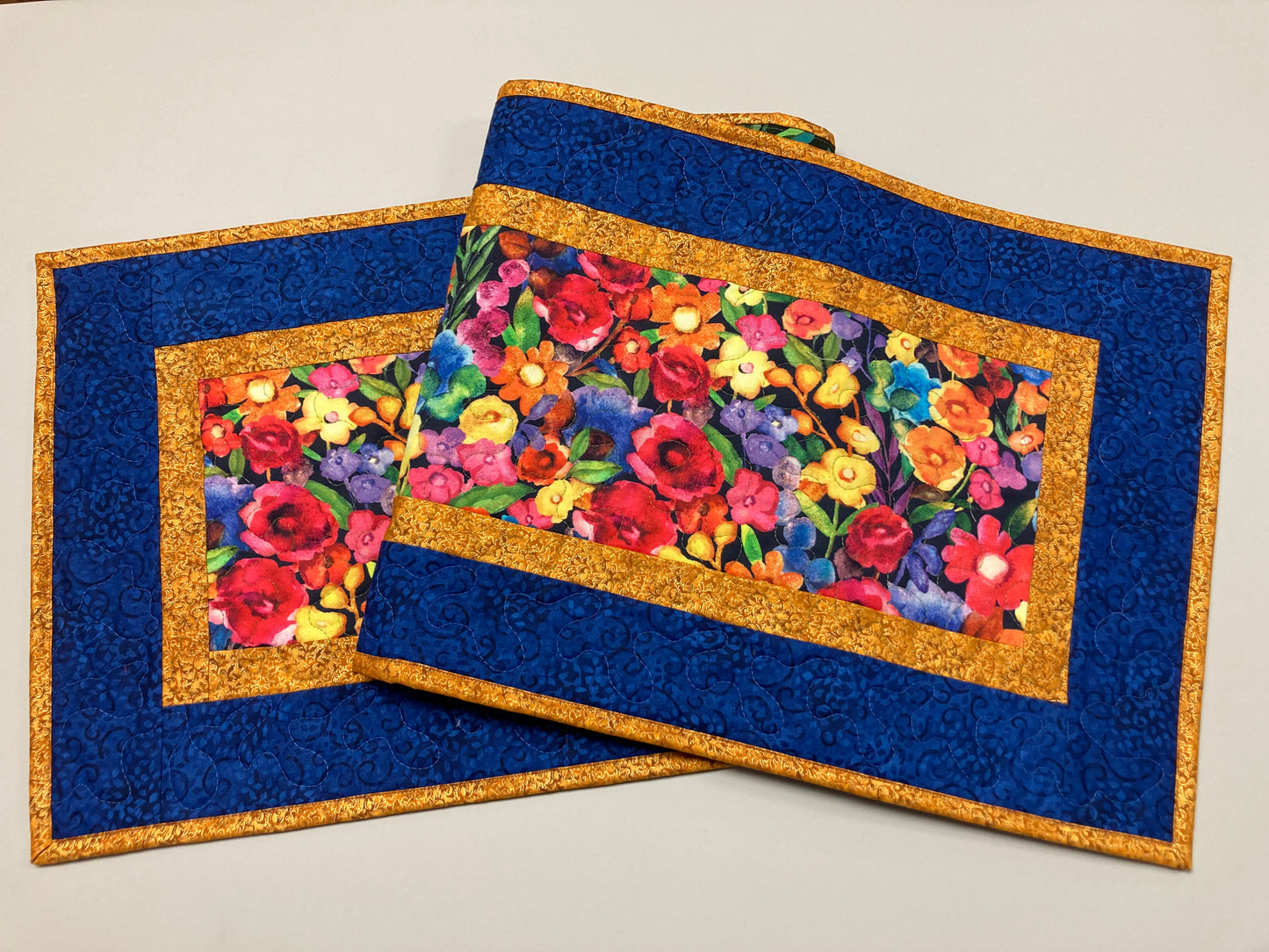 Summer Blue Purple Red Yellow Wildflower Quilted Table Runner, 13x48" Reversible Washable, Coffee Dining Table, Handmade Garden Floral Mat
