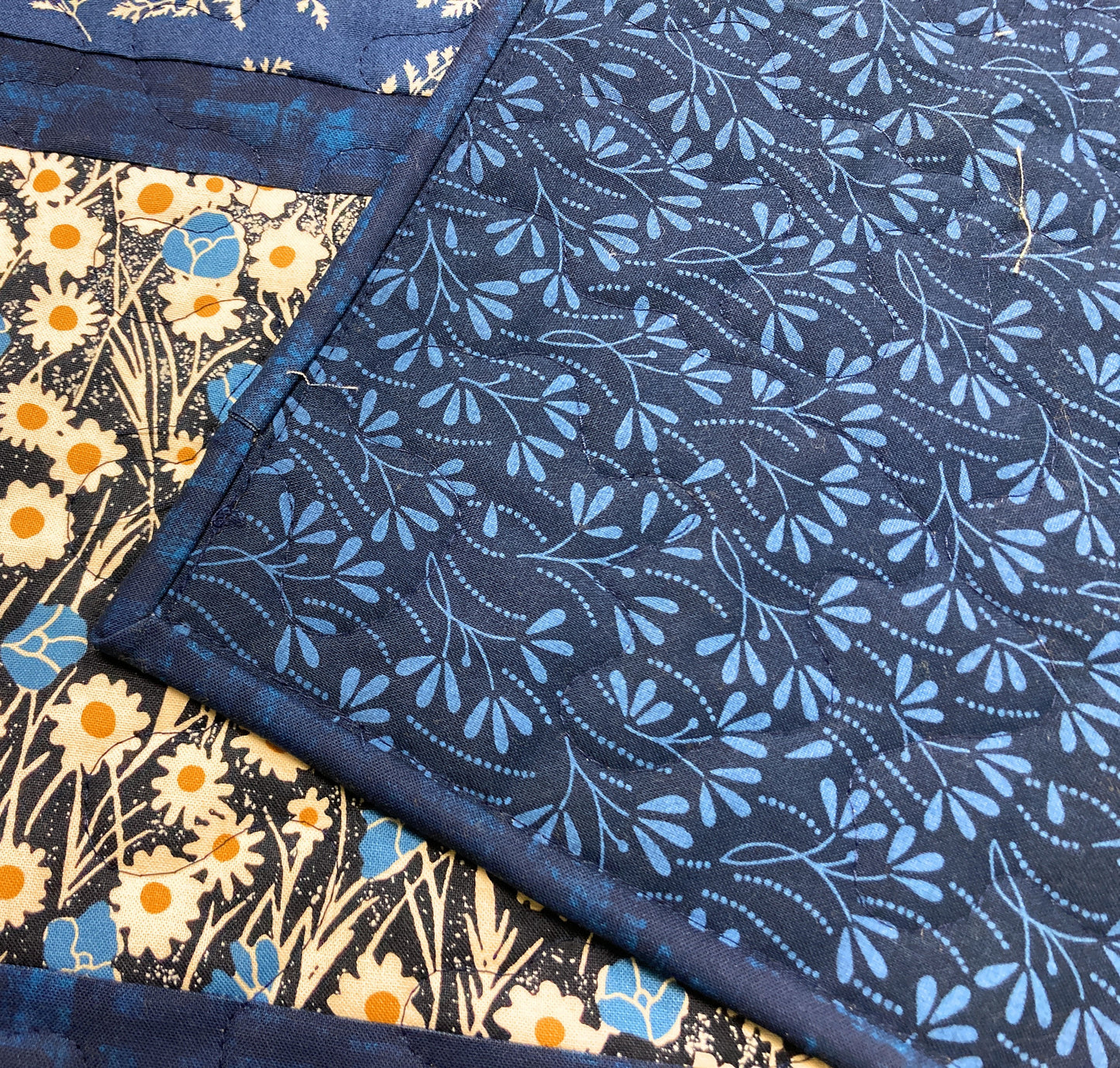 Navy Blue Daisies Quilted Dining Coffee Table Runner, Reversible 13x48", Modern Retro Coastal Minimalist Flowers, Handmade in USA