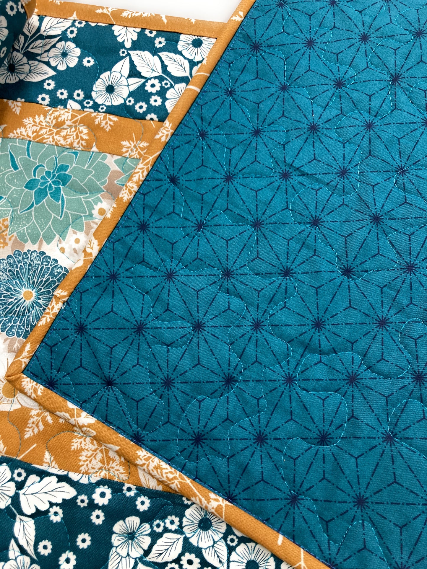 Blue Mustard Teal Mums Quilted Dining Coffee Table Runner, Reversible 13x48", Modern Retro Coastal Minimalist Flowers, Handmade in USA