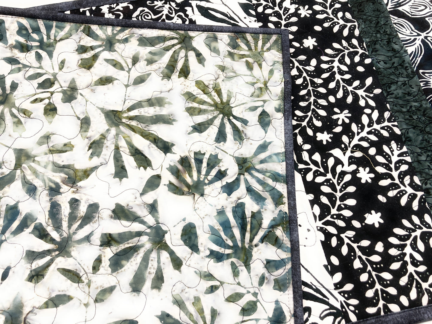 Black White Gray Batik Quilted Dining Coffee Table Runner, 14x44" Reversible, Minimalist Abstract Handmade Original