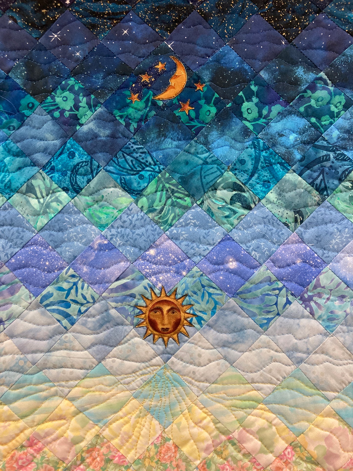 Art Quilt, Sunshine Garden Sun Moon Fabric Quilted Wall Hanging Celestial Tapestry 42x19" Whimsical Long Vertical Original Artwork Handmade