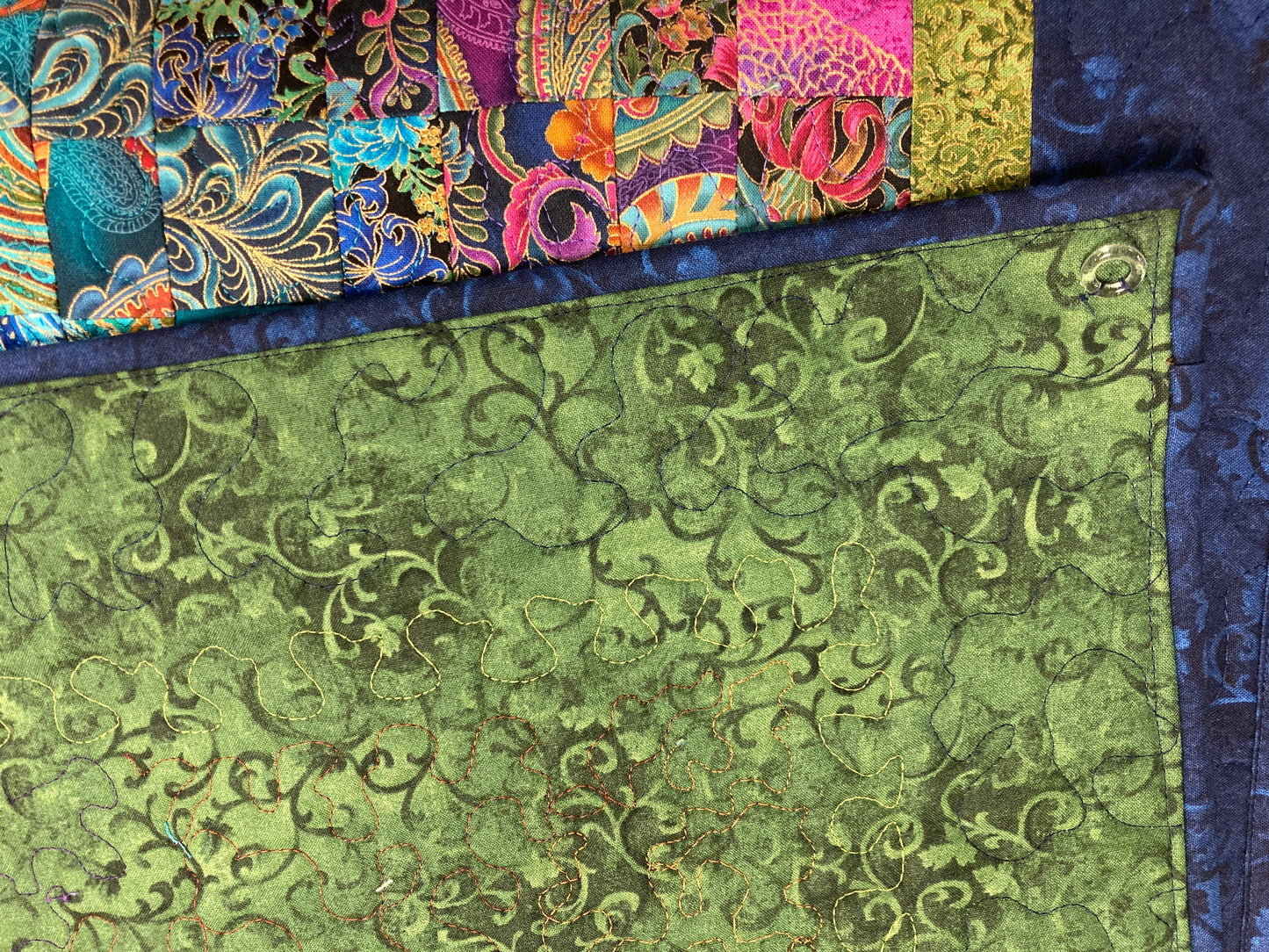 Paisley Passion Art Quilt, Abstract Bright Boho Fabric Wall Hanging Tapestry Textile, Watercolor, 17x45”Long Vertical Hippie Chic Runner