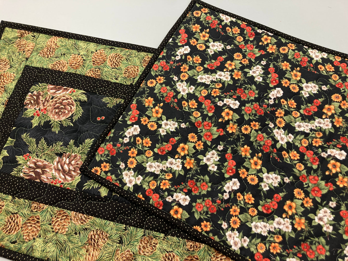 Christmas Holiday Pine Cones Quilted Dining Table Runner Reversible, Coffee Table Runner, Dresser Scarf Nightstand, End Table 13x48"