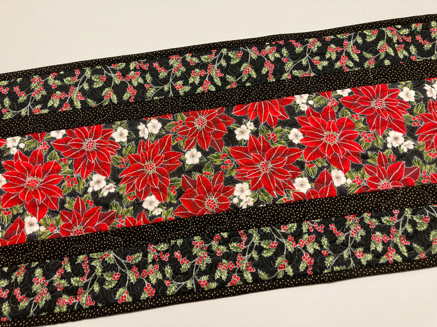 Christmas Dining Table Runner, Red Poinsettias White Flowers, 13x48" Quilted Reversible Fall, Winter Holiday Coffee Table Dresser Scarf