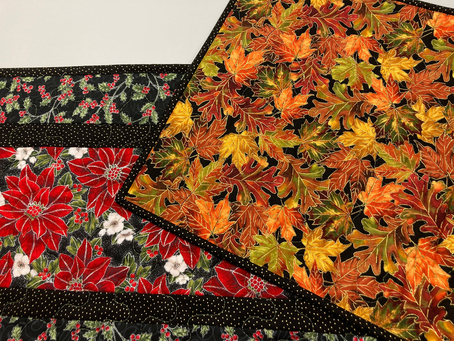 Christmas Dining Table Runner, Red Poinsettias White Flowers, 13x48" Quilted Reversible Fall, Winter Holiday Coffee Table Dresser Scarf