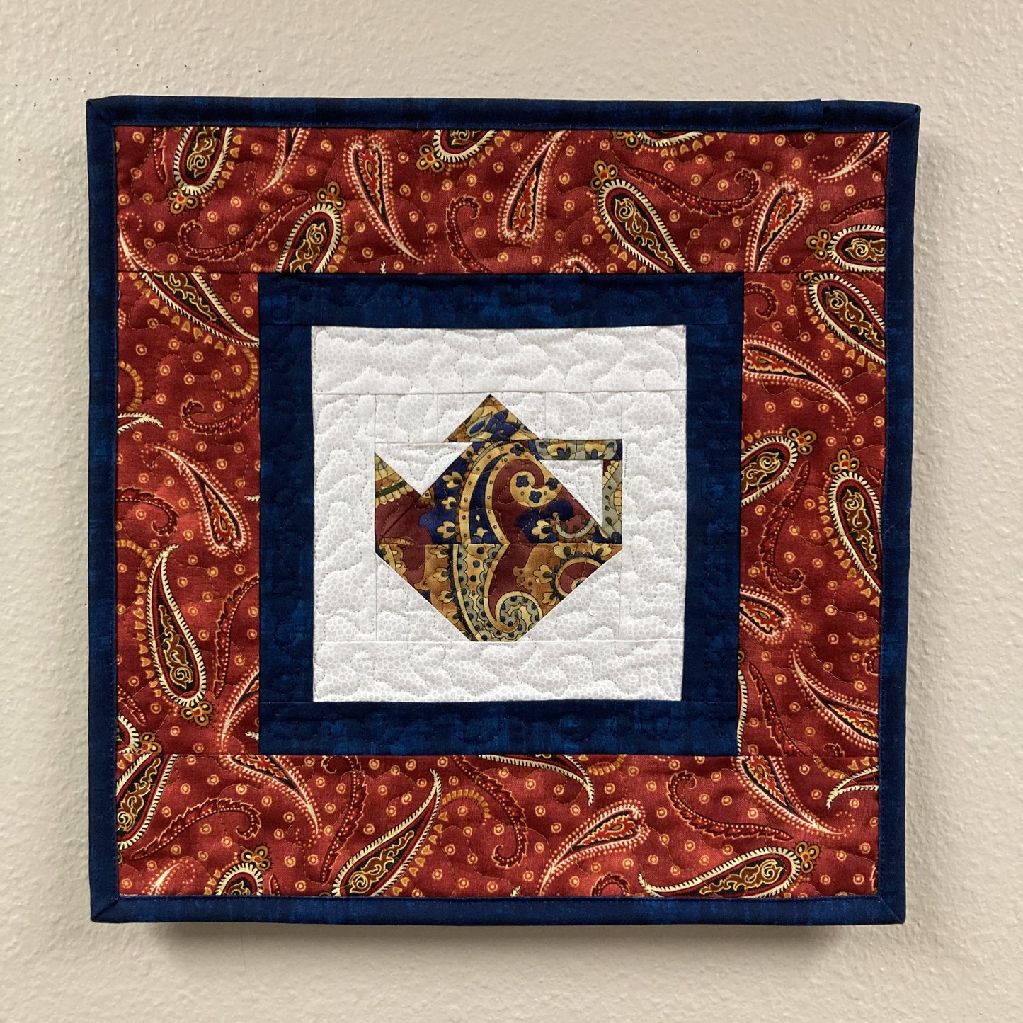 Paisley Blue Rust Teapot Fabric Wall Hanging, 13x13" Tapestry Kitchen Wall Decor, Original Design Handmade Art Quilt