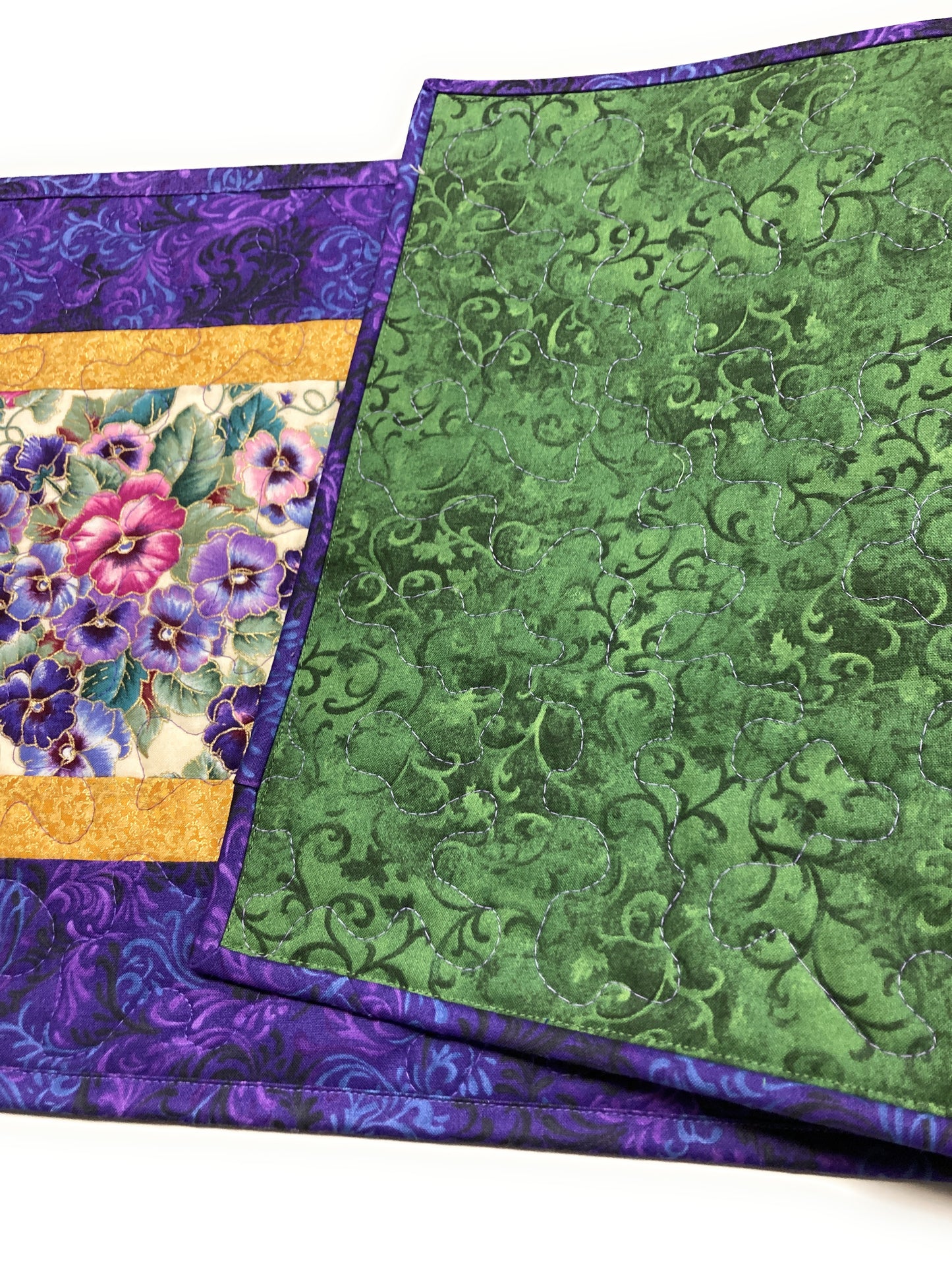 Summer Pansy Bouquet Quilted Dining Table Runner, Reversible 13x30" Coffee End Table Nightstand Mat, Pansies Pink Purple Blue Garden Nature