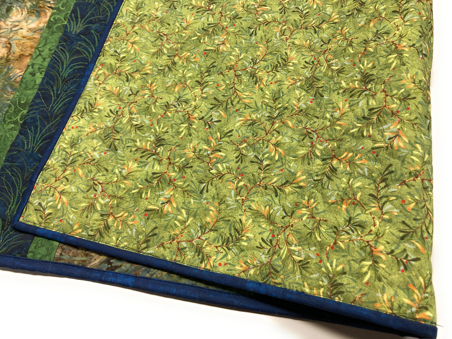 Batik Quilted Dining Coffee Table Runner, Blue Green Tan 13x50" Reversible Everyday Minimalist Earth Tones Handmade