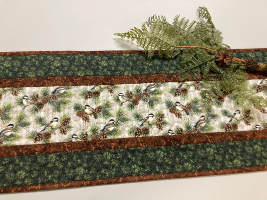 Mountain Chickadees and Pine Cones Quilted Dining Table Runner, 13x48" Reversible, Birds Buffet Coffee Table Rustic Cabincore Everyday