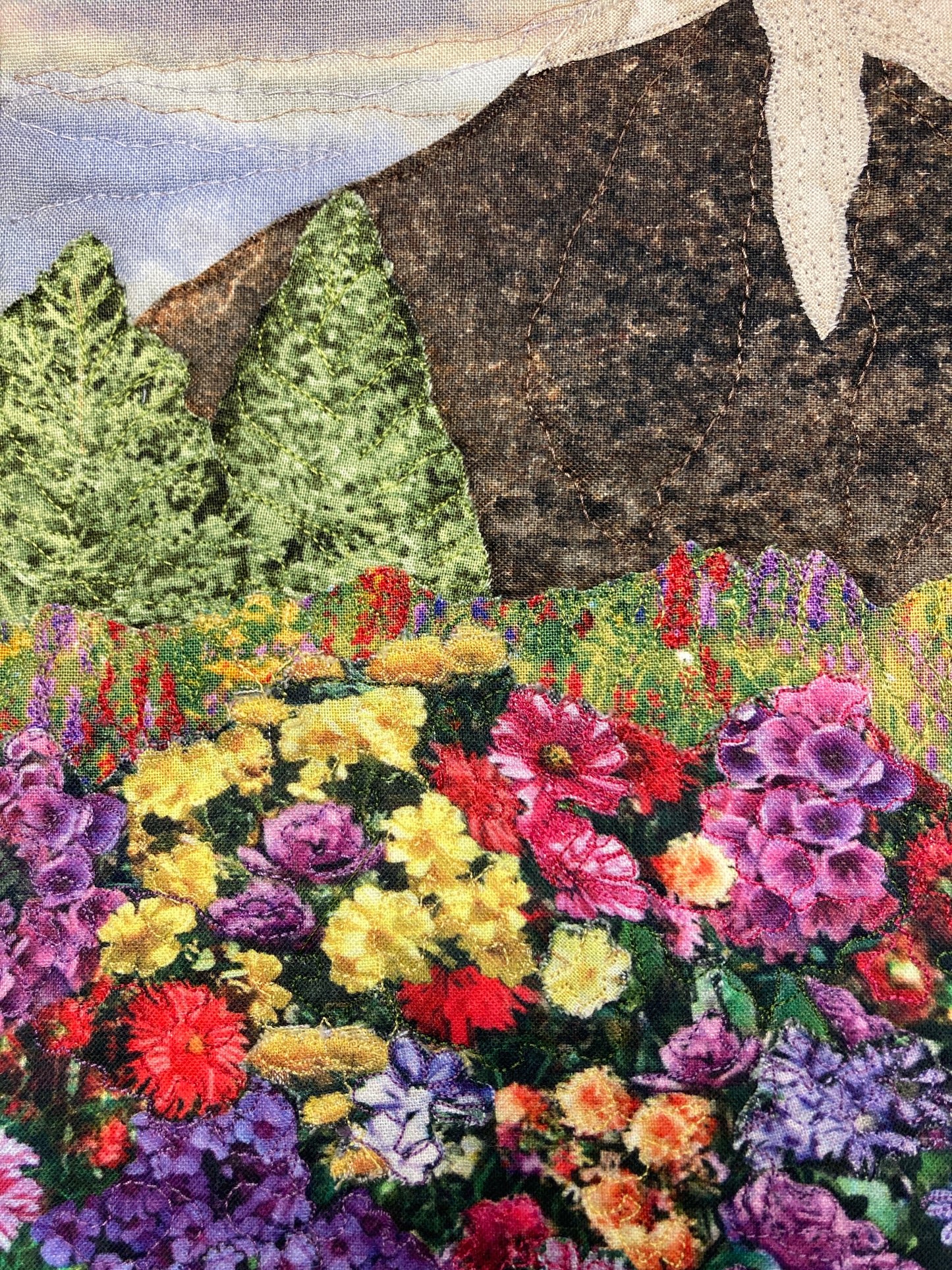 Wildflower Meadow Mountain Landscape Art Quilt 13x17, Purple Sky Tapestry Fabric Wall Hanging, Purple Yellow Flowers