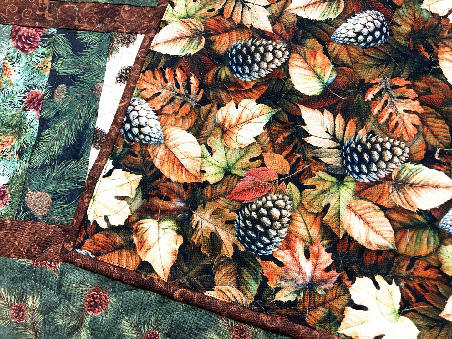 Pine Cones and Acorns Rustic Table Runner, Quilted Reversible Summer Long Wide, 13x56", Dining Coffee End Table Decor Mountain Cabin Woods