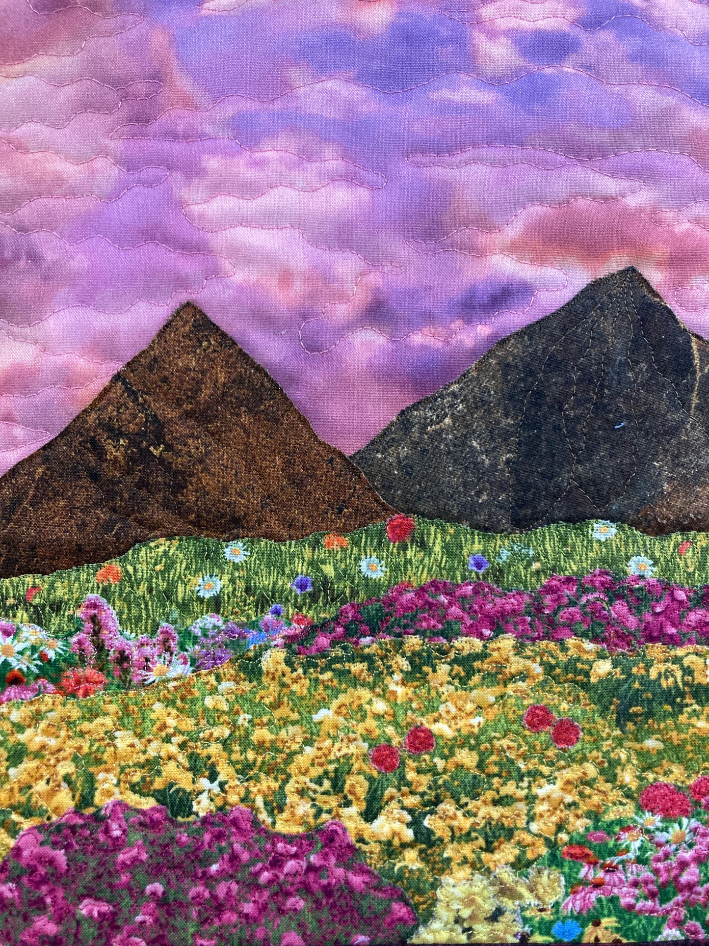 Sunset Wildflower Meadow Mountain Landscape Art Quilt, Textile Art 14.5x15.5", Tapestry Fabric Small Wall Art Hanging, Pink Yellow Flowers