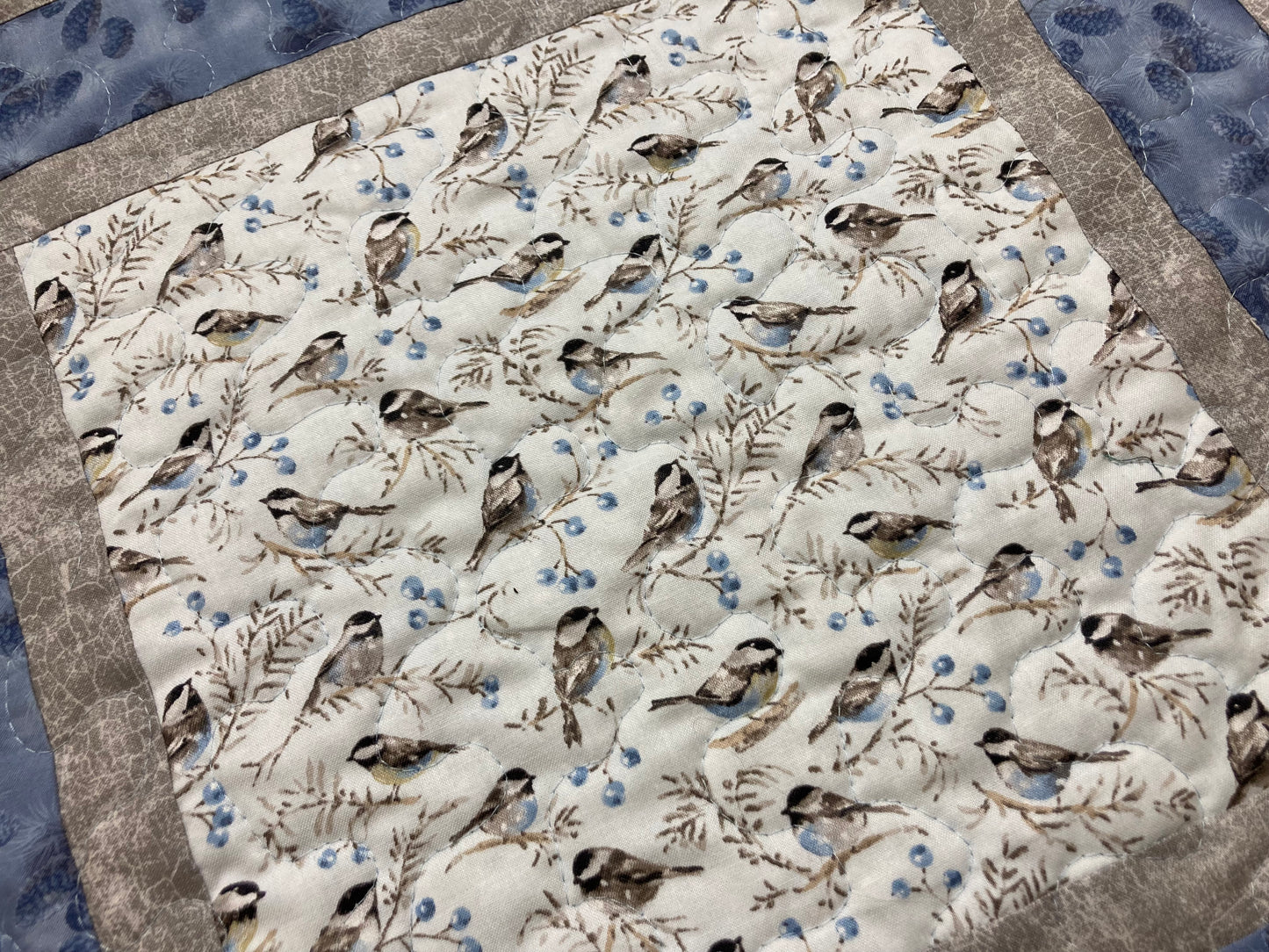 Blue Bird Chickadees Quilted Table Topper, Large Table Square, 18x18" Reversible Washable, Nightstand Coffee End Table, Cabincore Mountain