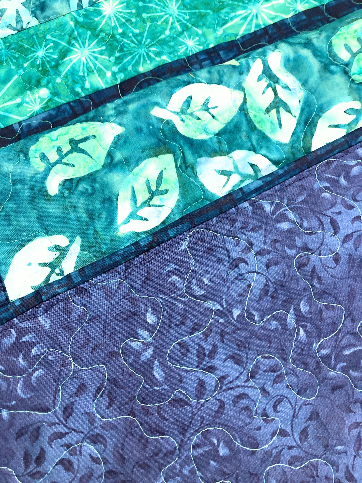 Batik Teal Purple Leaves Quilted Dining Coffee Table Runner, 13x58" Reversible Handmade Seaside Beach Ocean Modern