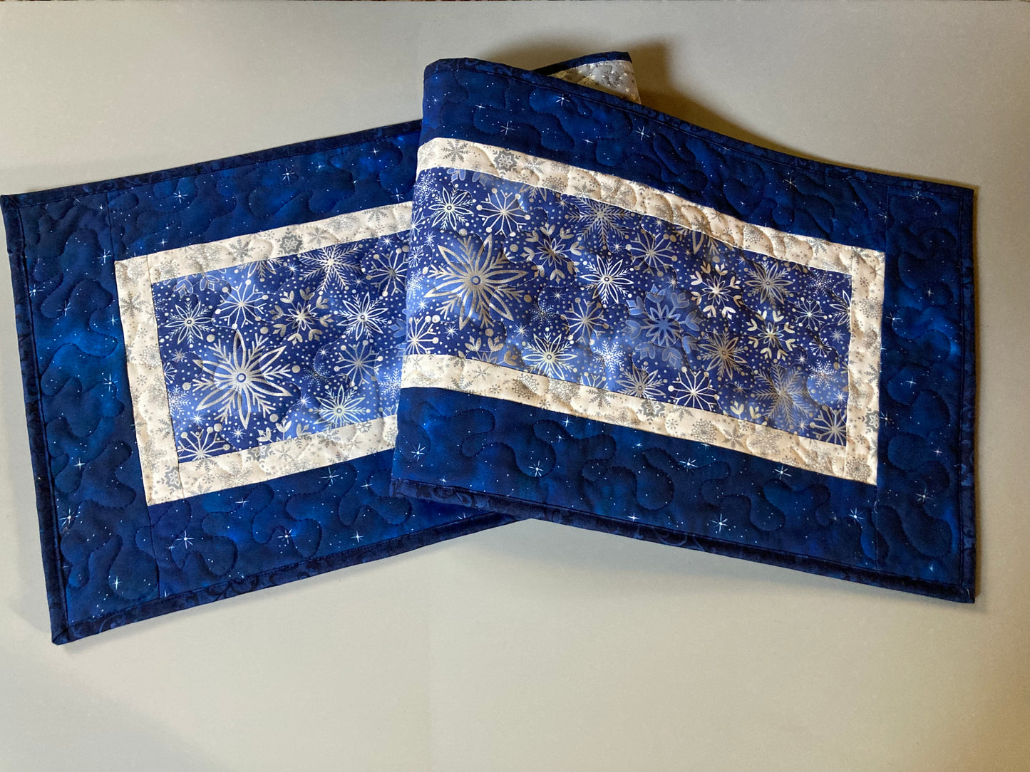 Blue Silver Snowflakes Winter Table Runner Quilted 13x48", Hanukkah Reversible Dining Coffee Table, Holiday Dresser Scarf Square