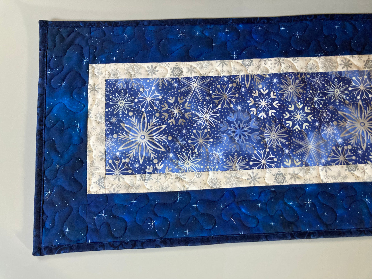 Blue Silver Snowflakes Winter Table Runner Quilted 13x48", Hanukkah Reversible Dining Coffee Table, Holiday Dresser Scarf Square