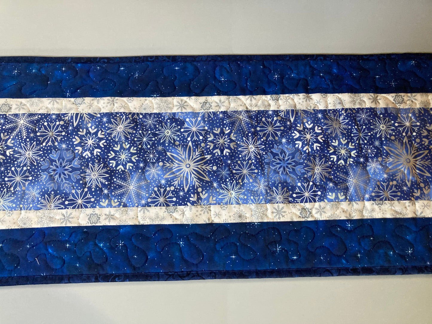 Blue Silver Snowflakes Winter Table Runner Quilted 13x48", Hanukkah Reversible Dining Coffee Table, Holiday Dresser Scarf Square